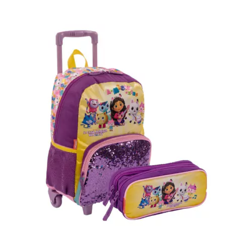 Kit Mochila Rodinha e Estojo Gabby's Dollhouse Meow Sestini