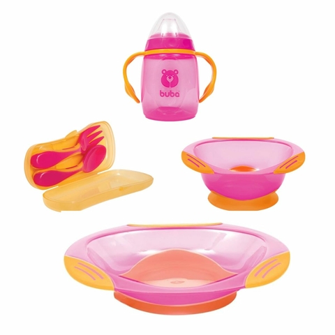 Kit Buba Alimentação Infantil Rosa Neon c/ Copo 300ml