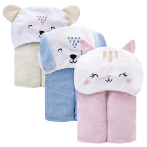 Toalha de Banho Forrada Bordada Capuz Bebê Bichus Mami