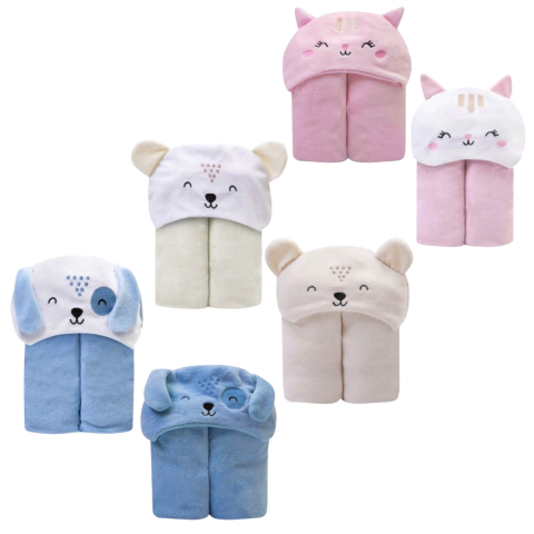 Kit Toalha Forrada Cobertor de Microfibra Capuz Bebês Mami