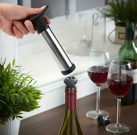 Bomba Vacio Para Botella De Vino Con 2 Tapones Acero Inox