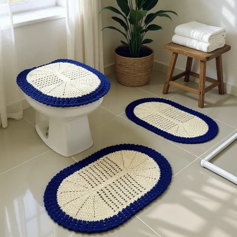 Jogo De Banheiro Em Crochê 3 Peças Telinha Bico Colorido - comprar online