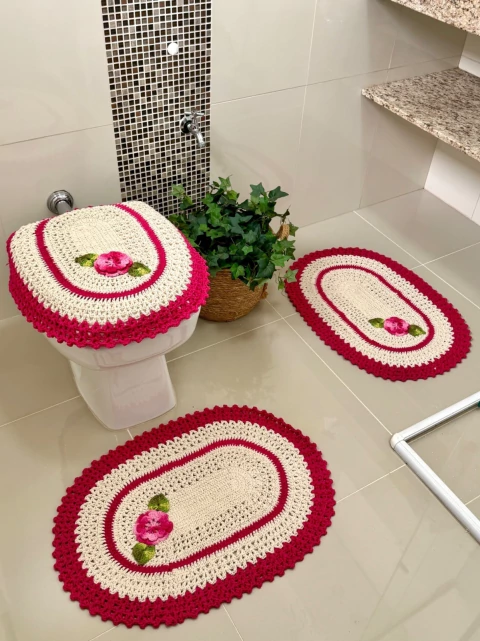Jogo De Banheiro Em Crochê 3 Peças Bordado Flor Artesanal - comprar online