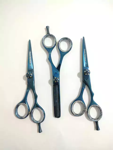 Essence Kit 3 Tesouras Profissional Fio Navalha 5.5", Fio Laser e Desbaste 5.5" Polegadas - Cheema International - AZUL Pino Ajuste