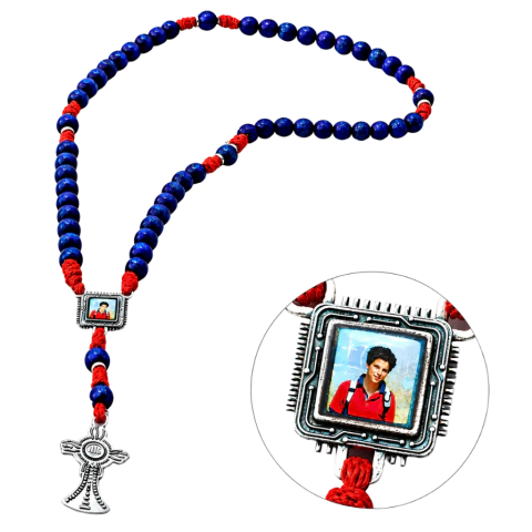 Terço São Carlo Acutis Eucaristia Madeira Azul e Vermelho
