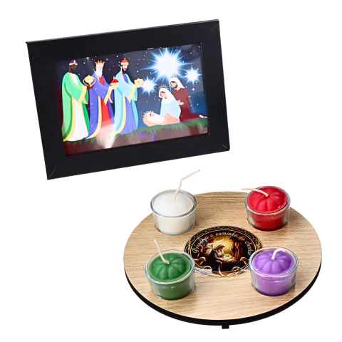 Kit Coroa do Advento Famíla e Porta Retrato Reis Magos PTO