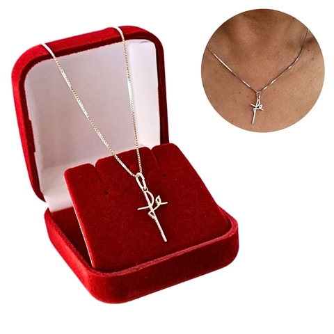 Colar Feminino Prateado Pingente Escrito Fé