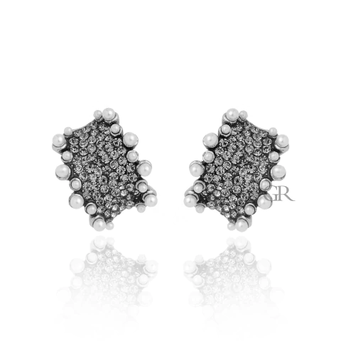 Brinco Meia Argola com Pérolas e Cristais Prata Vintage | Nino Bran - comprar online