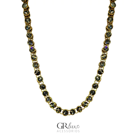 Colar Riviera cristais black diamond ouro velho G | Morena Canela