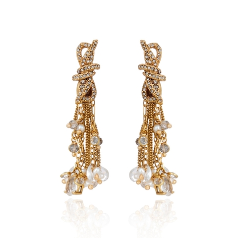 Brinco Afeto Laço Pendente Franja com Cristais e Pérolas Ouro Vintage | Claudia Arbex - comprar online