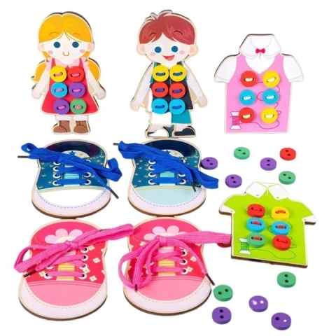 Jogo Montessori sapatos de madeira para alinhavo