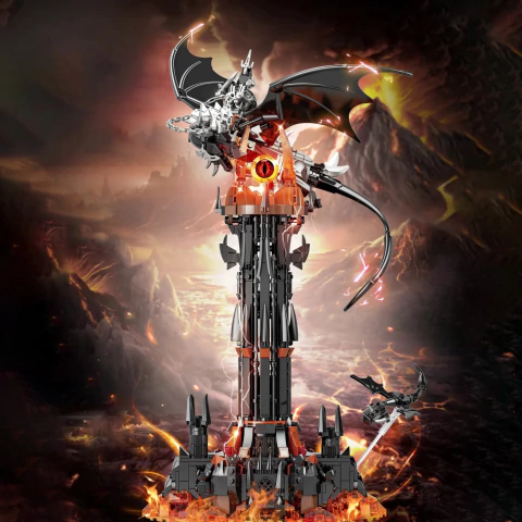 Blocos de montar da Torre de Sauron Barad-dur com dragão preto voando e olho de Sauron iluminado em LED, cenário sombrio e lava ao fundo