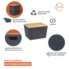 Caixa Organizadora Com Tampa de Bambu 18 l - Cinza - Lavize