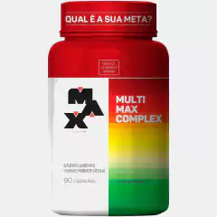 Fundo cinza claro com Pote de Multivitamínico Multi Max Complex Max Titanium 60 capsulas, produto completo com as mais variadas vitaminas e minerais.  