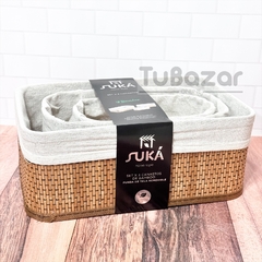 Set x3 canastos de bambu con funda de tela removible Suka