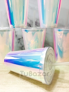 Vaso tornasolado con tapa y sorbete - comprar online