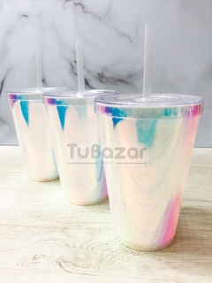 Vaso tornasolado con tapa y sorbete