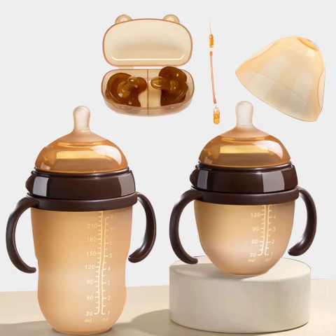 Kit Mamadeira silicone com alça anti-sufocamento Marrom, 150 ml e 250 ml