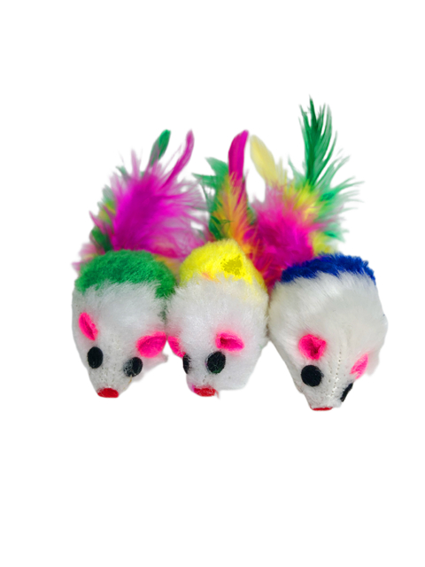 Ratitas de peluche con plumas multicolor