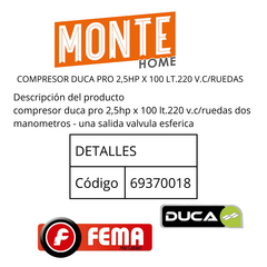 COMPRESOR DUCA PRO 2,5HP X 100 LT.220 V.C/RUEDAS en internet