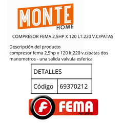 COMPRESOR FEMA 2,5HP X 120 LT.220 V.C/PATAS en internet
