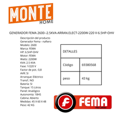 GENERADOR FEMA 2600--2.5KVA-ARRAN.ELECT-2200W-220 V-6.5HP-OHV en internet