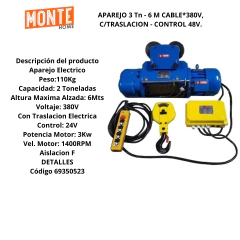 APAREJO 3 Tn - 6 M CABLE*380V, C/TRASLACION - CONTROL 48V. - comprar online