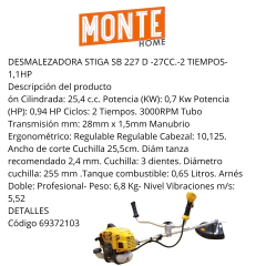 DESMALEZADORA STIGA SB 227 D -27CC.-2 TIEMPOS-1,1HP - MONTE HOME
