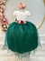 Vestido Infantil Longo Off White Saia Verde Escuro Renda e Broche