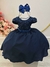 Vestido Infantil Azul Marinho Busto C/ Renda e Cinto Pérolas