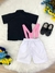 Conjunto Camisa Preta e Short Branco C/ Susp. Mundo Bita - Sol Kids