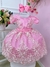 Vestido Infantil Rosa Com Renda Realeza e Cinto de Pérolas
