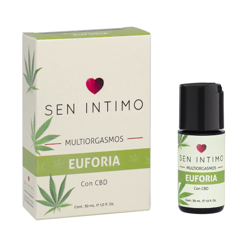 Imagen del sensibilizador íntimo multiorgásmico Euforia Hemp de la marca Sen Íntimo, con extracto de cannabis y CBD, presentación de 30 ml.