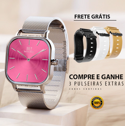 Relógio Feminino Quadrado Pulseira Prata Bays Rosa + Brindes