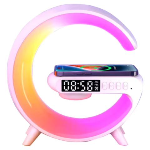 Luminária G Speaker Rgb Bluetooth Carregador Indução Relógio