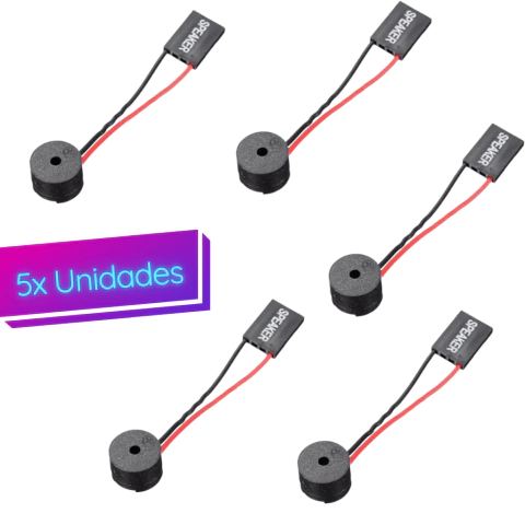 Conjunto de cinco alto-falantes Buzzer para placa mãe de PC, com fios vermelho e preto.
