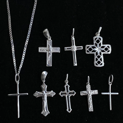 kit Corrente Grumet 2mm + Pingente Cruz- Prata Italiana