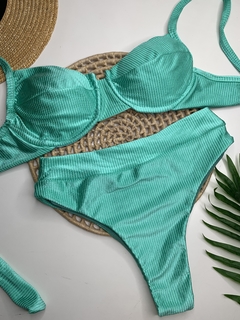 Conjunto Meia Taça Hot Pant Verde Água Canelado