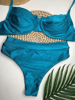 Conjunto Meia Taça Hot Pant Azul Piscina Canelado