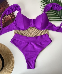 Conjunto Meia Taça Hot Pant Babado Roxo Canelado
