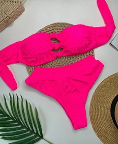 Conjunto Tomara que Caia Rosa Neon Calcinha Hot Pant