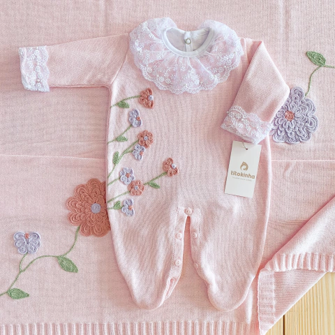 Saída maternidade tricot 3 peças rosa bebê bordado flores