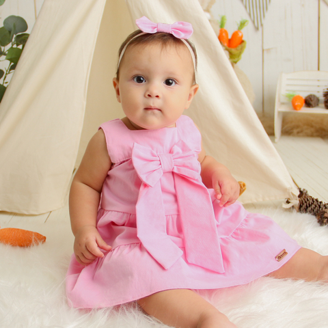 Vestido laço algodão doce rosa