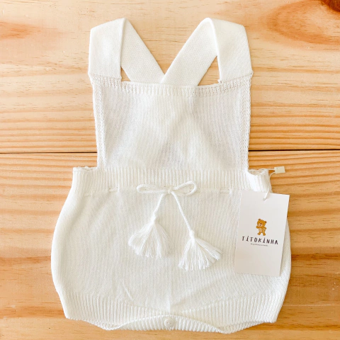 Romper Jardineira pompom branco Tricot