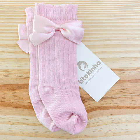 Meia 3/4 canelada rosa laço