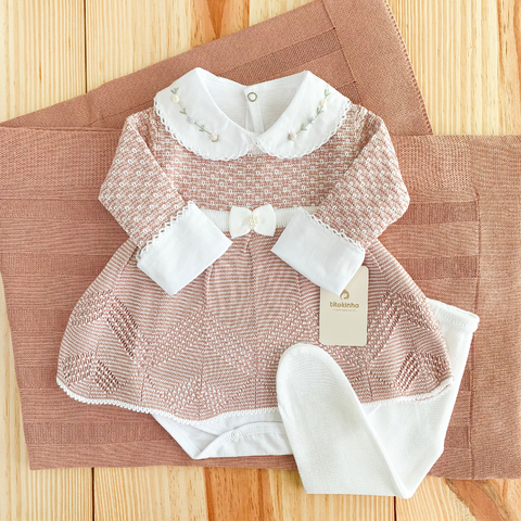 Saída maternidade tricot 4 peças vestido lista princesa rose