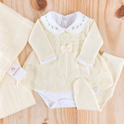 Saída maternidade tricot 4 peças vestido pérolas princesa amarela