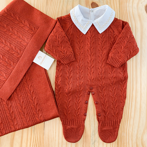 Saída maternidade tricot 3 peças trama corda terroso