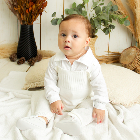 Macacão jardineira longa branco + body camisa ML