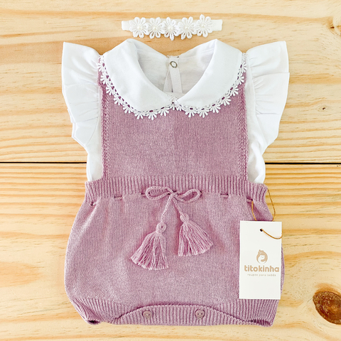 Romper Jardineira pompom lilas Tricot + Body guippir + Faixinha